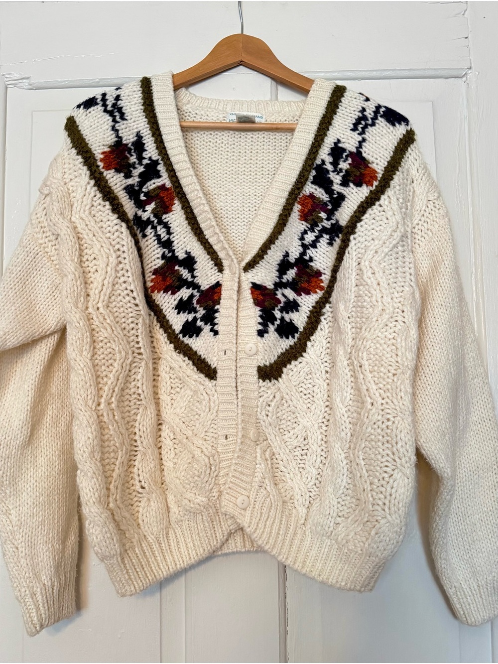 Vintage 1990’s Hand Knitted Cable-knit Sweater with Fair Isle Yoke Pattern